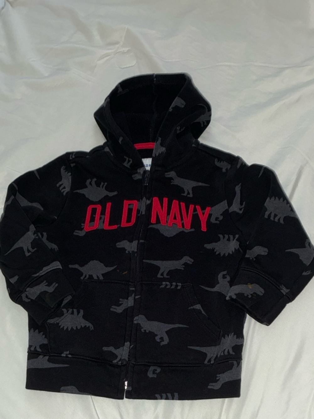 Old Navy Black Hoodie with Gray Dinosaurs and Red Logo